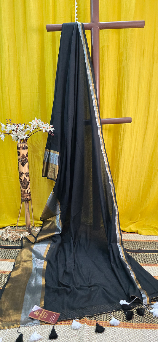 Sophisticated Black Mul Cotton Saree with Silver and Gold Border for Festive & Daily Wear