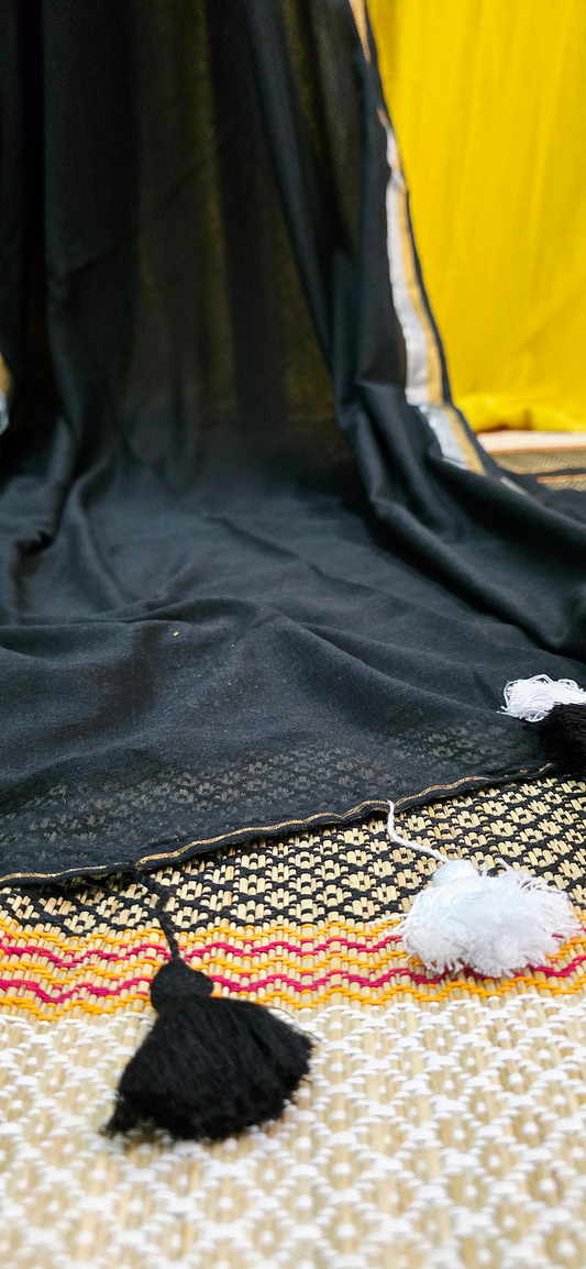 Sophisticated Black Mul Cotton Saree with Silver and Gold Border for Festive & Daily Wear
