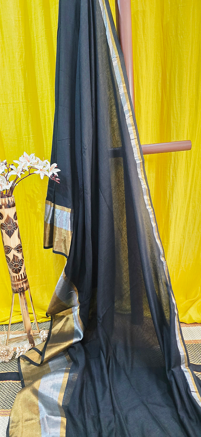 Sophisticated Black Mul Cotton Saree with Silver and Gold Border for Festive & Daily Wear