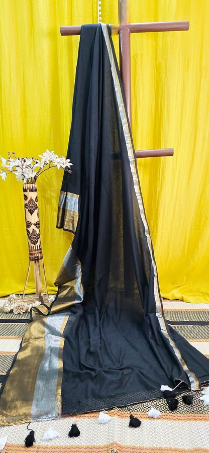 Sophisticated Black Mul Cotton Saree with Silver and Gold Border for Festive & Daily Wear