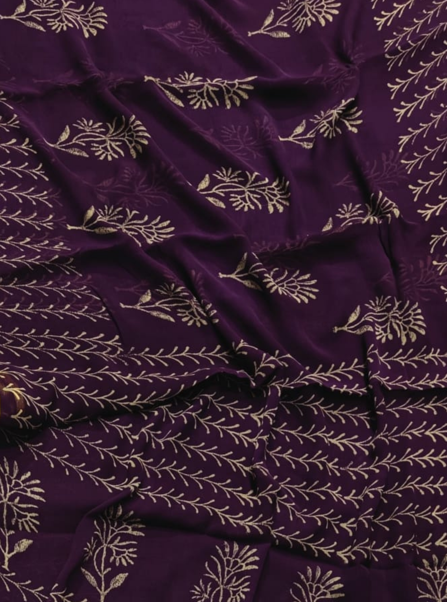 Wine Purple Chiffon Double Diamond Saree with Minimal Floral Vine Prints