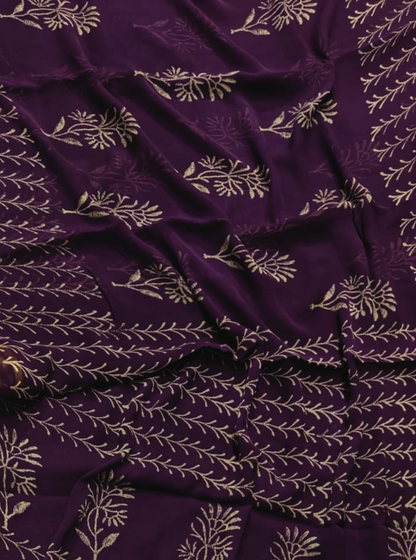 Wine Purple Chiffon Double Diamond Saree with Minimal Floral Vine Prints