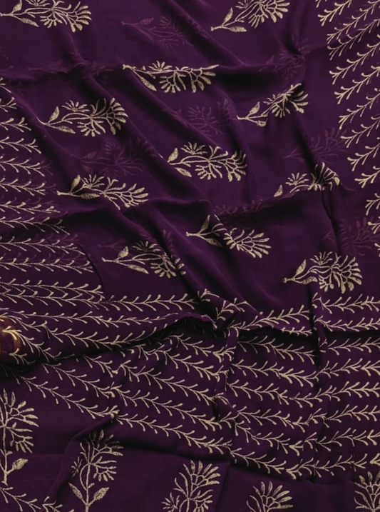 Wine Purple Chiffon Double Diamond Saree with Minimal Floral Vine Prints