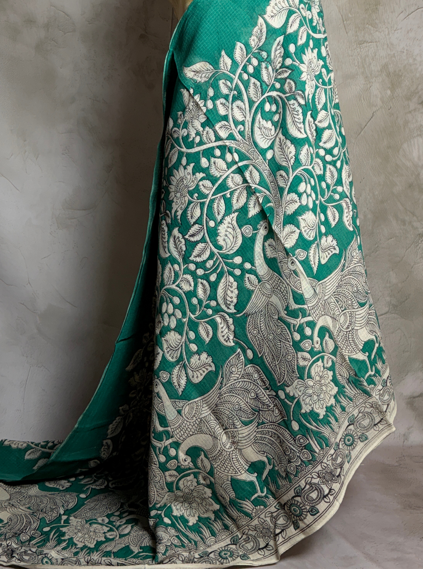 Emerald Green Kota Cotton Saree with Peacock & Floral Kalamkari Border