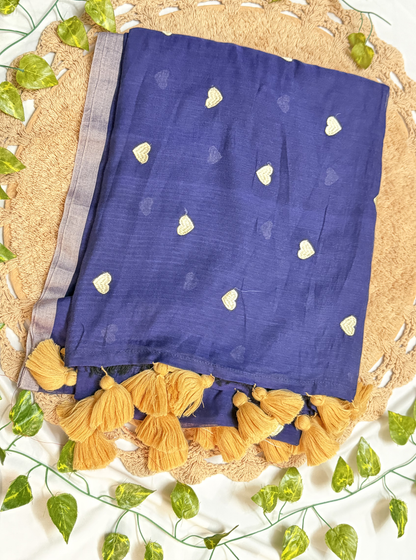 Indigo Blue Mul Cotton Saree with Gold Heart Motifs & Tassels