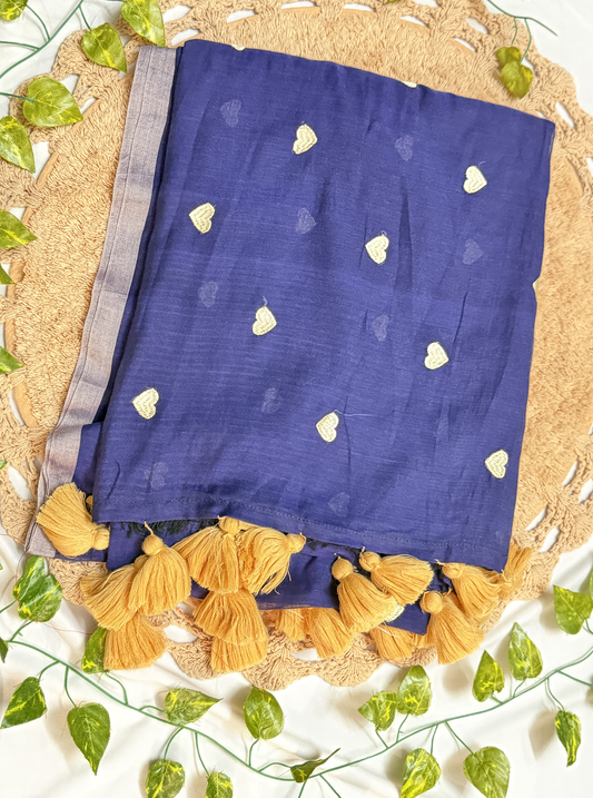 Indigo Blue Mul Cotton Saree with Gold Heart Motifs & Tassels