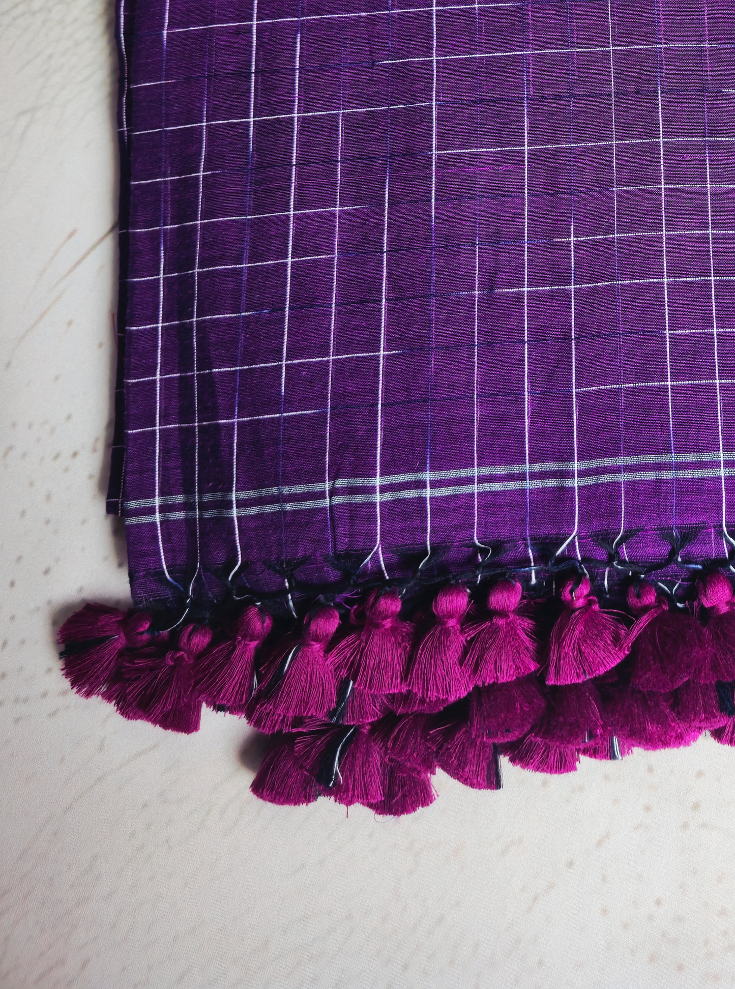 Elegant Purple Mul Cotton Saree with Check Pattern & Tassel Pallu