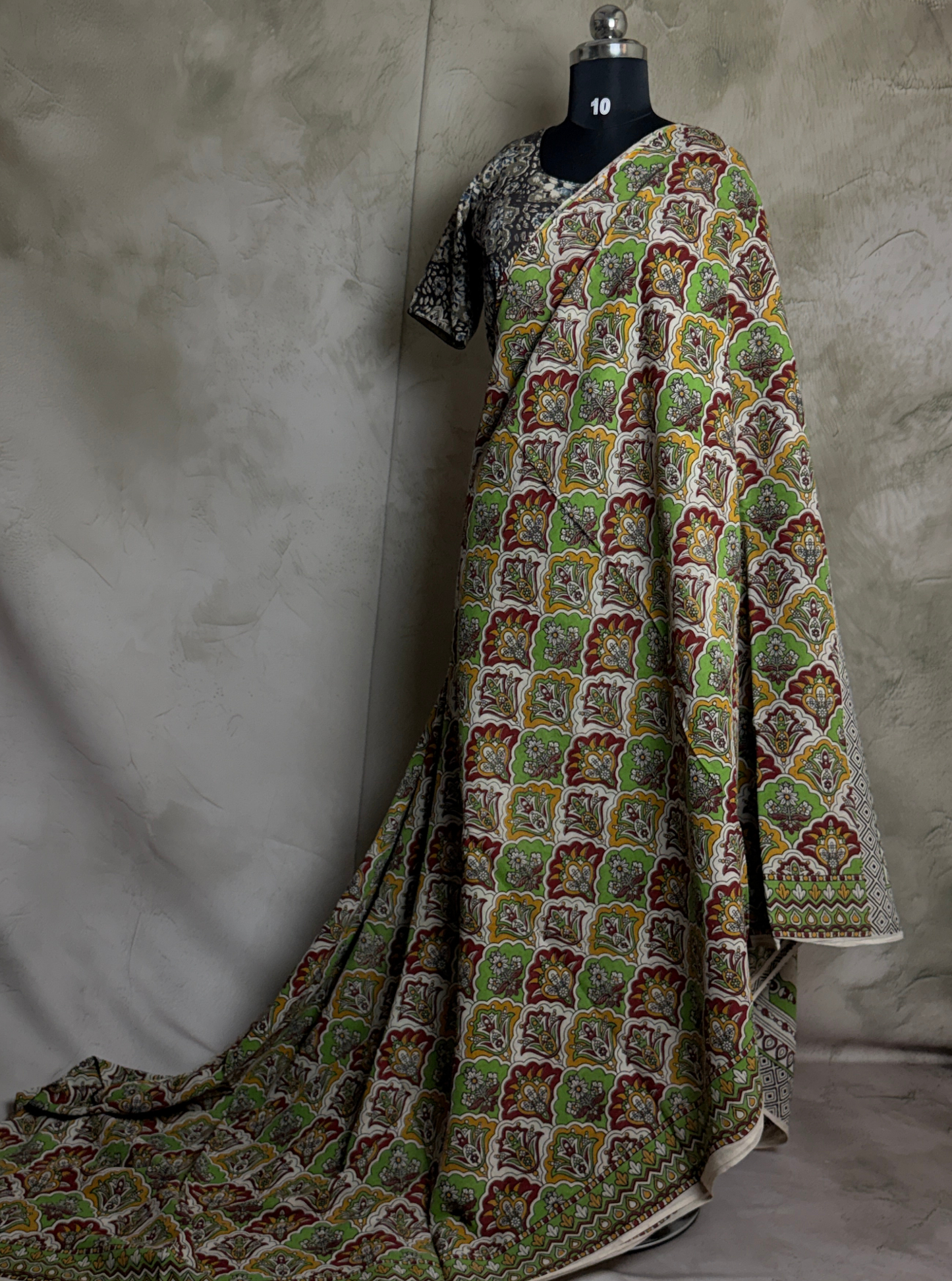 Ivory Cotton Kalamkari Saree with Floral Buta Prints & Green Border
