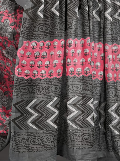 Charcoal Grey Cotton Ajrakh Saree with Crimson Red Highlights