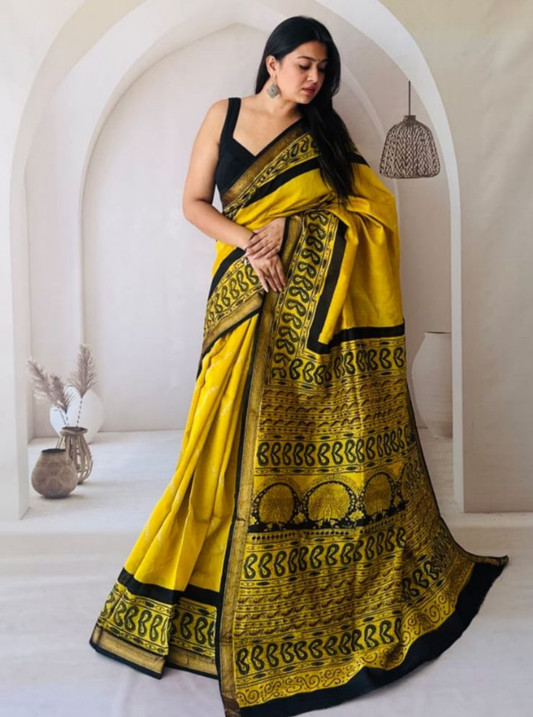 Mustard Yellow Maheshwari Silk Saree with Black Temple Border