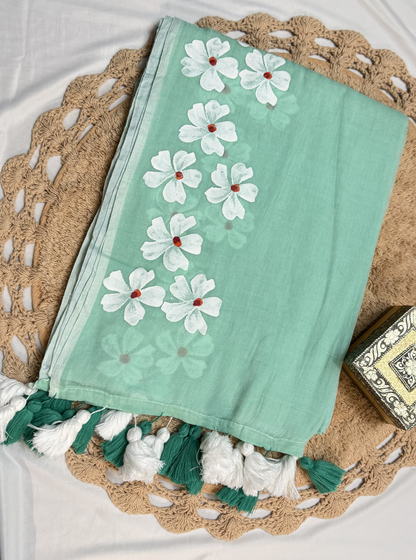 Mint Green Mul Cotton Saree with Hand-Painted White Floral Design & Contrast Tassels