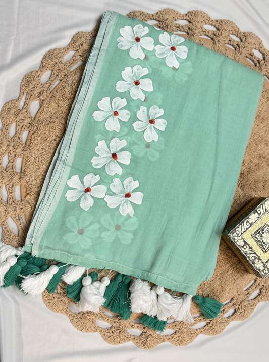 Mint Green Mul Cotton Saree with Hand-Painted White Floral Design & Contrast Tassels