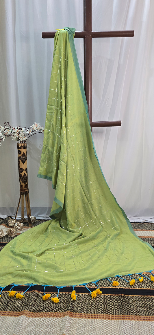 Elegant Green Mul Cotton Saree with Checks and Sequence Design for Festive & Daily Wear