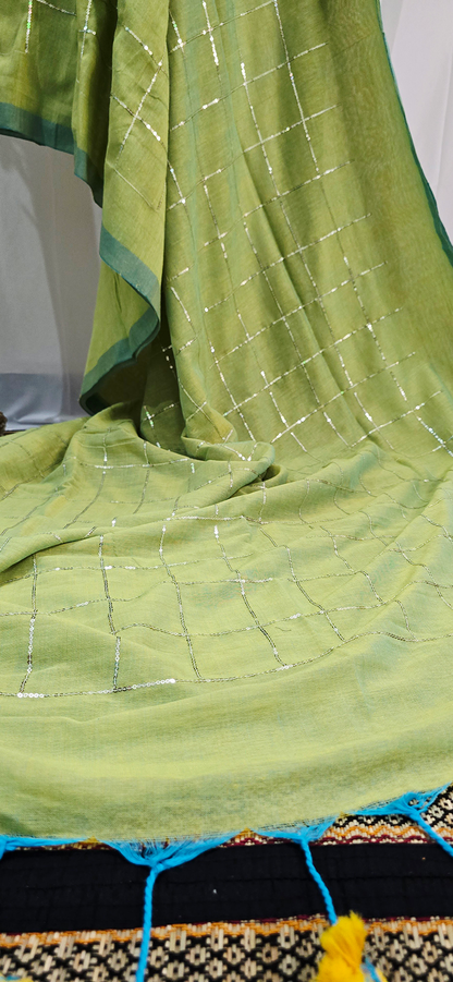 Elegant Green Mul Cotton Saree with Checks and Sequence Design for Festive & Daily Wear