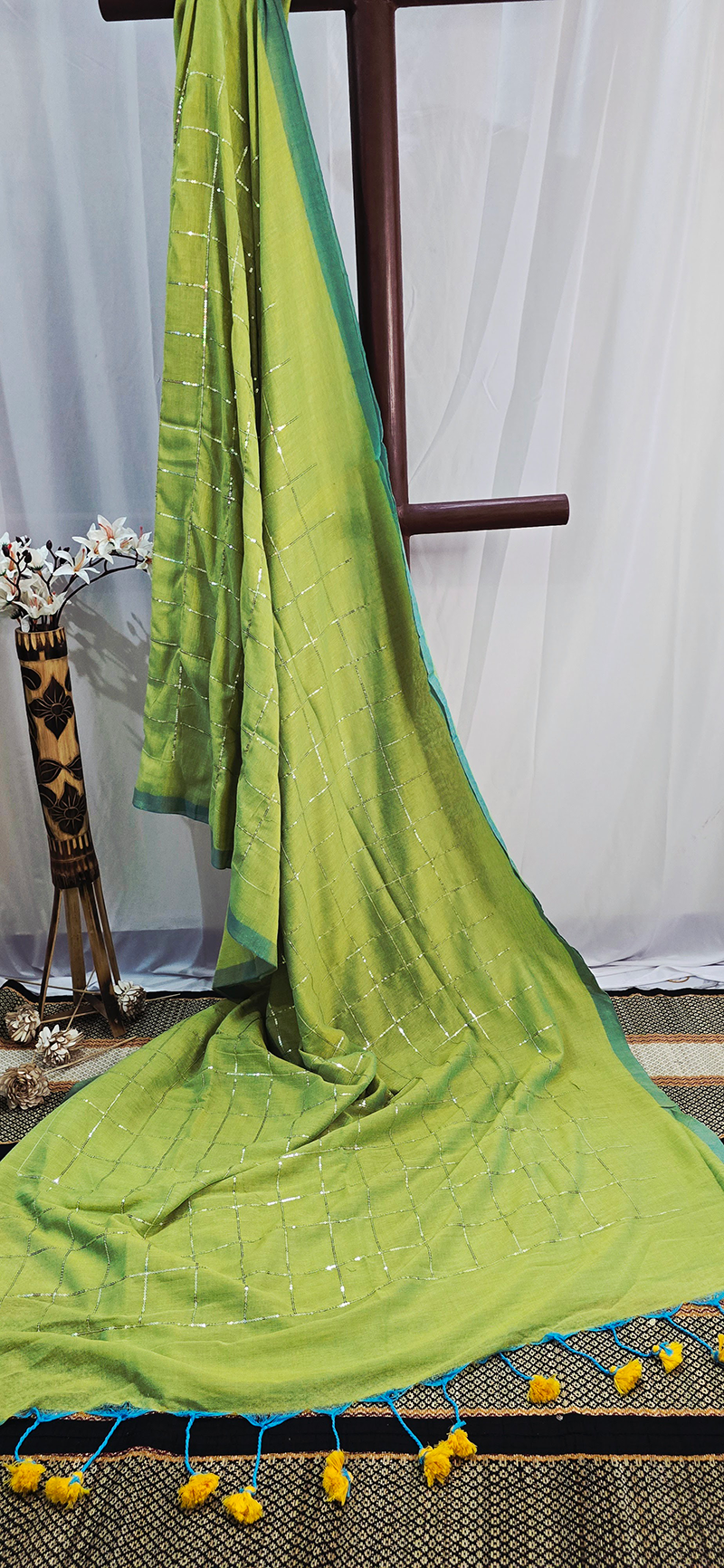 Elegant Green Mul Cotton Saree with Checks and Sequence Design for Festive & Daily Wear