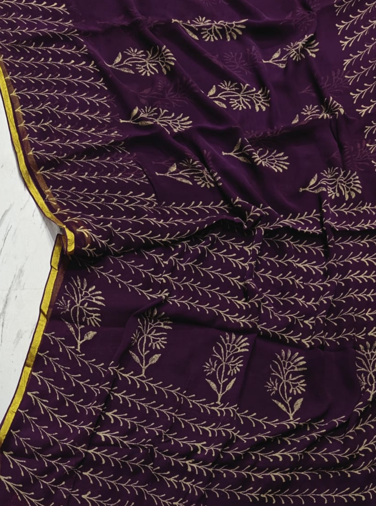 Wine Purple Chiffon Double Diamond Saree with Minimal Floral Vine Prints