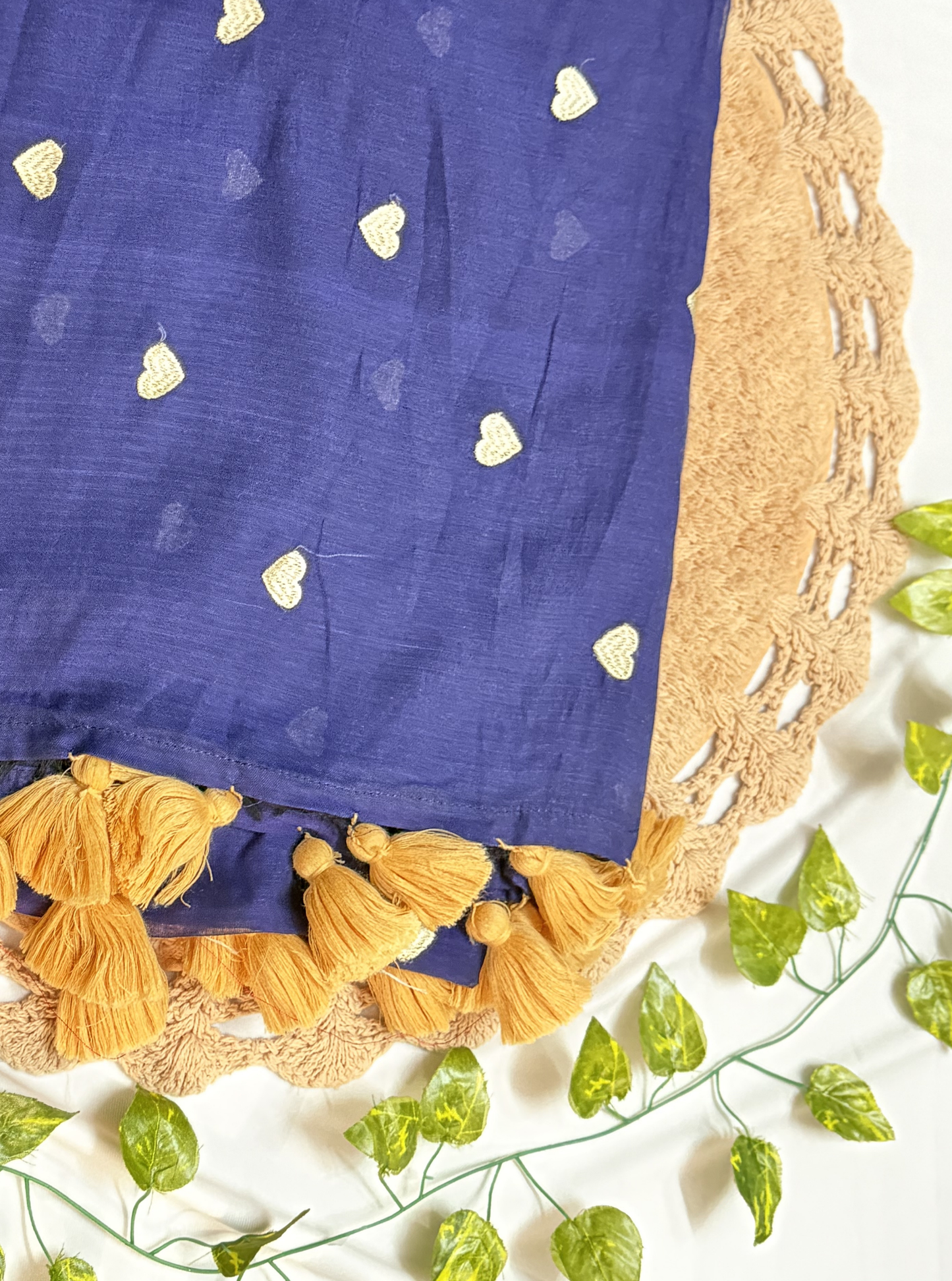 Indigo Blue Mul Cotton Saree with Gold Heart Motifs & Tassels