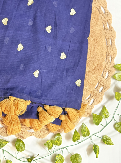 Indigo Blue Mul Cotton Saree with Gold Heart Motifs & Tassels