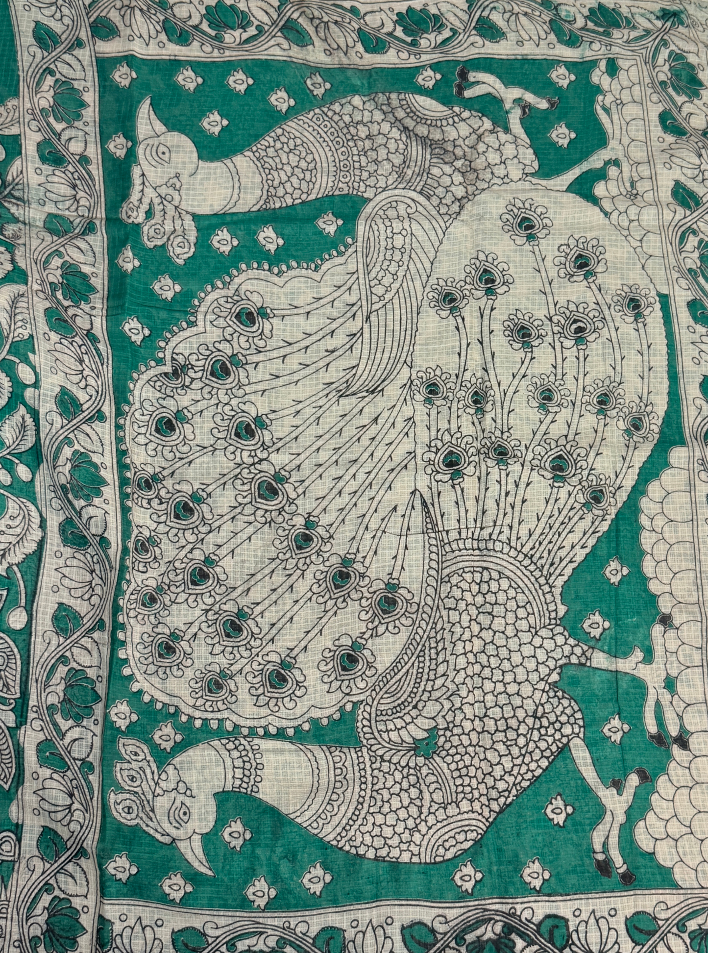 Emerald Green Kota Cotton Saree with Peacock & Floral Kalamkari Border