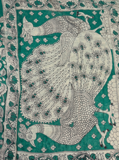 Emerald Green Kota Cotton Saree with Peacock & Floral Kalamkari Border