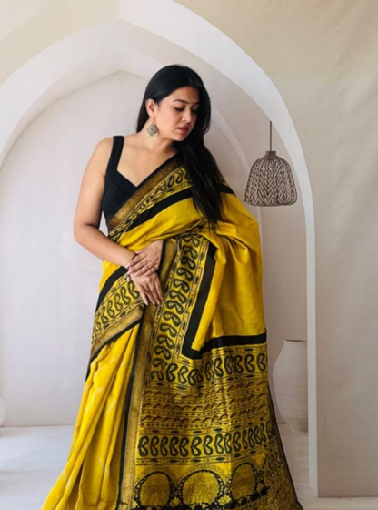 Mustard Yellow Maheshwari Silk Saree with Black Temple Border