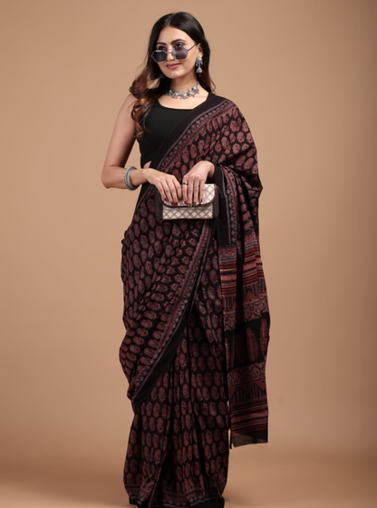 Black & Maroon Cotton Ajrakh Saree with Classic Paisley Motifs