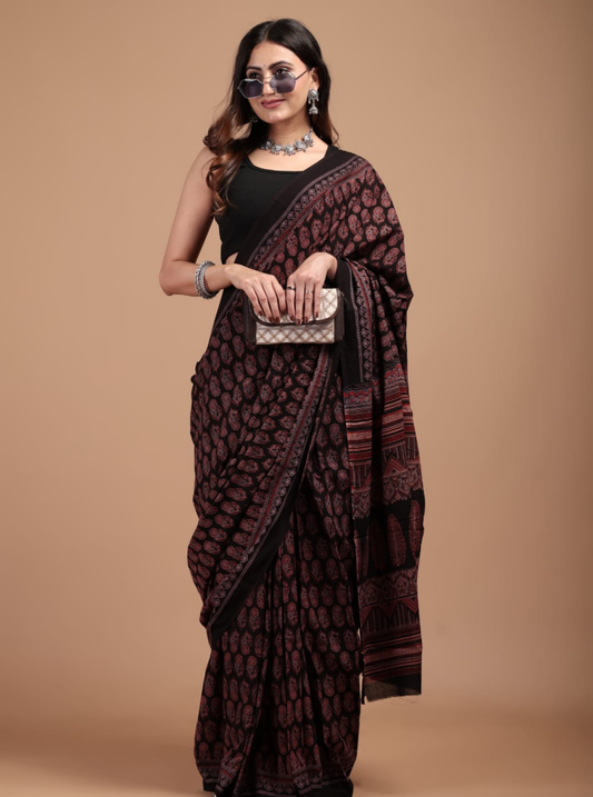 Black & Maroon Cotton Ajrakh Saree with Classic Paisley Motifs