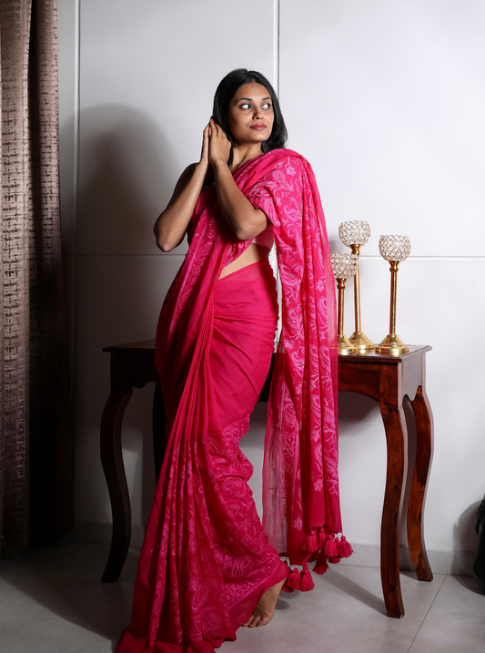 Rani Pink Mul Chikankari Saree with Elegant Embroidery