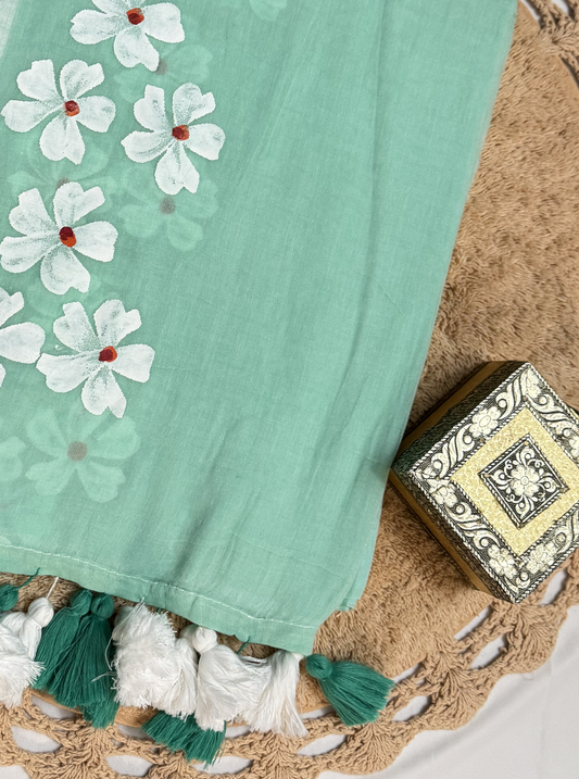 Mint Green Mul Cotton Saree with Hand-Painted White Floral Design & Contrast Tassels