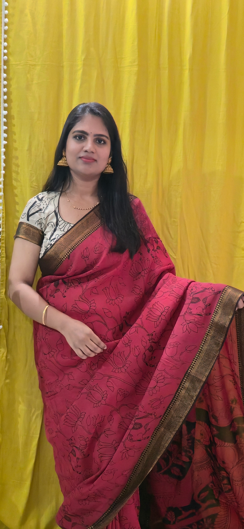 Stylish Red Kalamkari Mangalagiri Silk Saree with Nizam Border and Hand Block Design