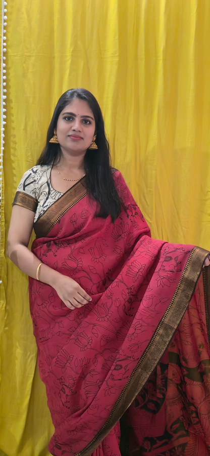 Stylish Red Kalamkari Mangalagiri Silk Saree with Nizam Border and Hand Block Design