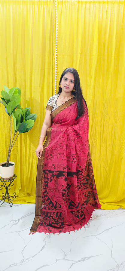 Stylish Red Kalamkari Mangalagiri Silk Saree with Nizam Border and Hand Block Design