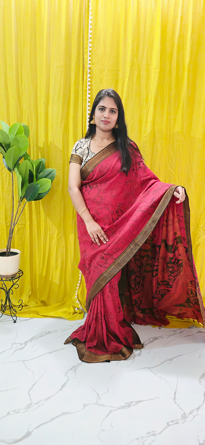 Stylish Red Kalamkari Mangalagiri Silk Saree with Nizam Border and Hand Block Design