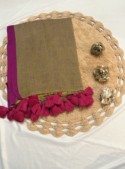 Olive Mul Cotton Saree with Magenta Border & Tassel Detailing