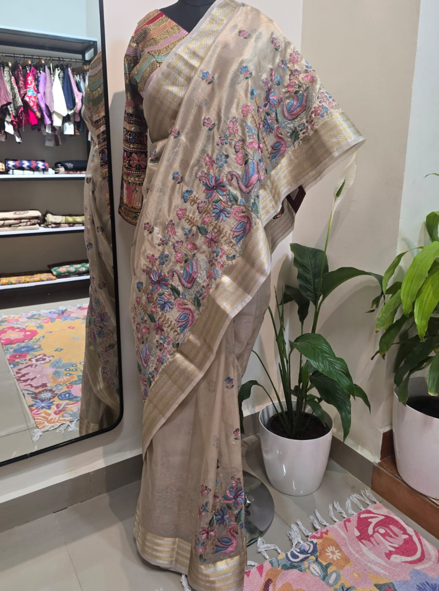 Elegant Beige Tissue Saree with Multicolor Floral Embroidery