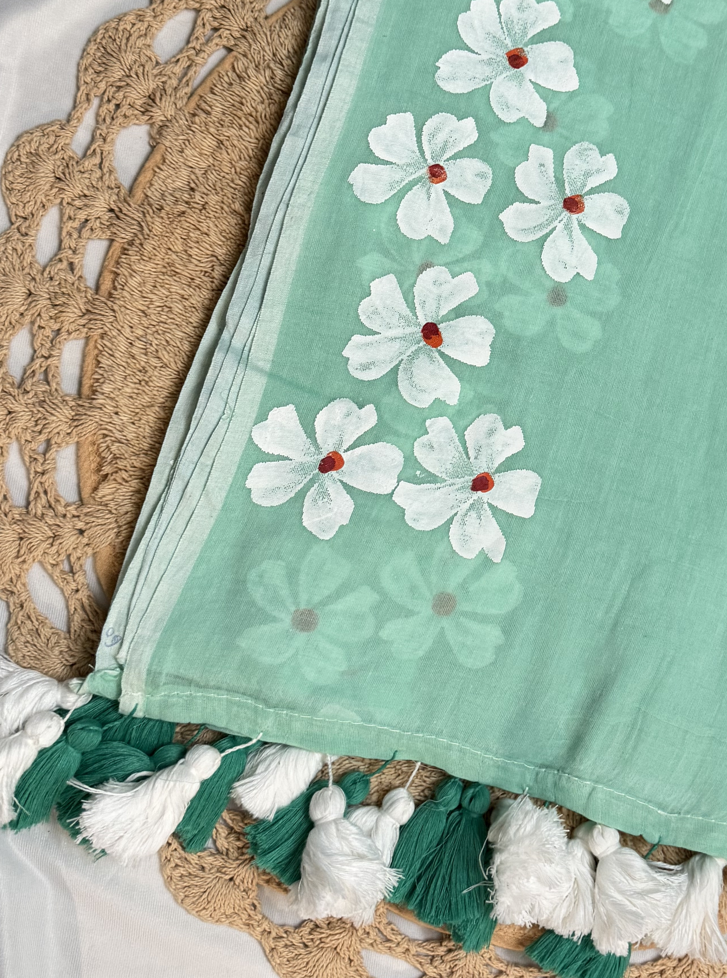 Mint Green Mul Cotton Saree with Hand-Painted White Floral Design & Contrast Tassels