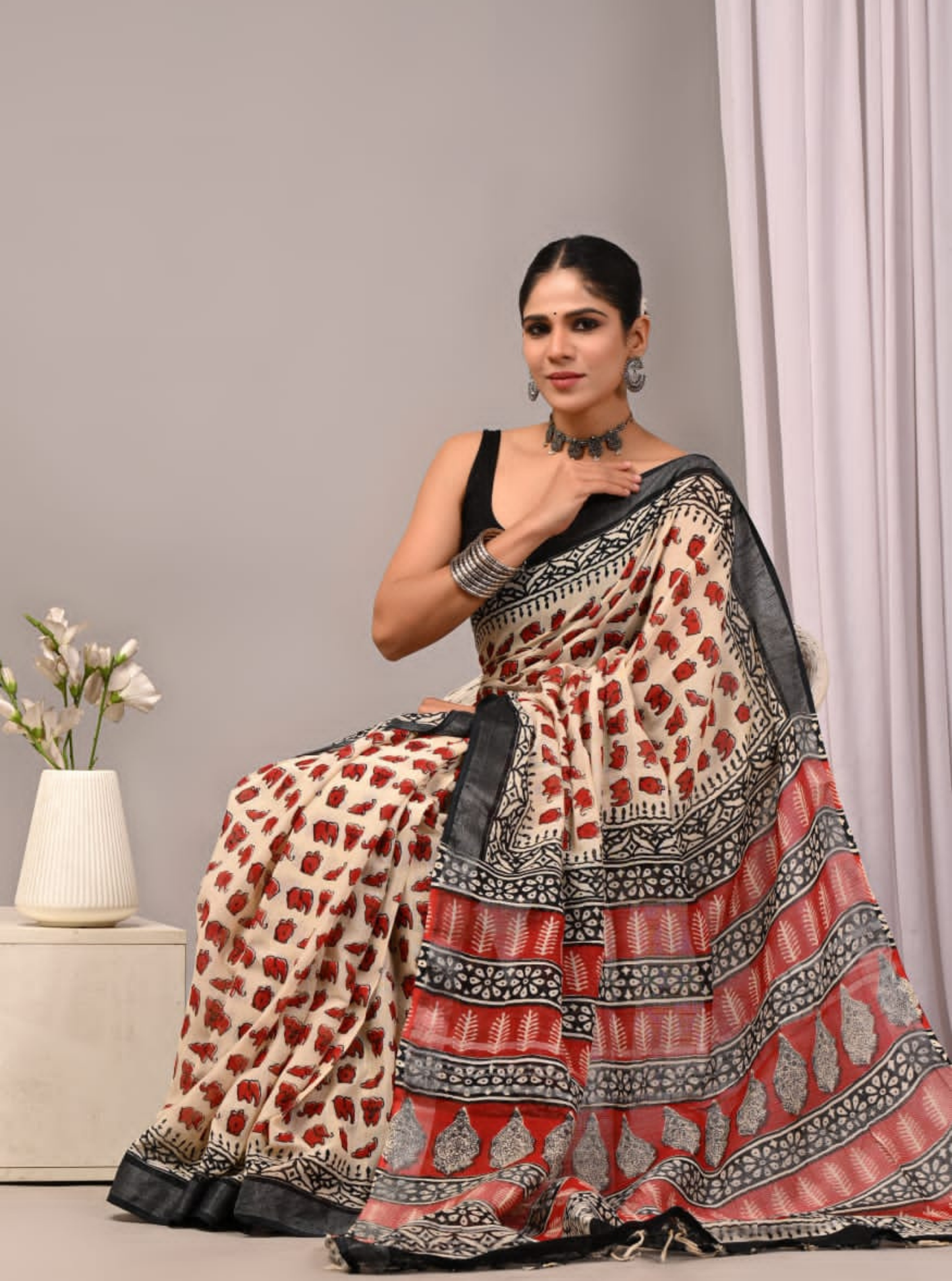 Cream & Rust Bagru Print Cotton Saree with Elephant Motifs