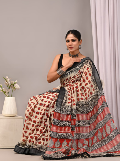 Cream & Rust Bagru Print Cotton Saree with Elephant Motifs