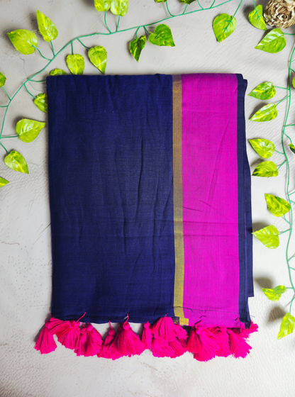 Classic Navy Blue Mul Cotton Saree with Contrast Pink Border & Tassel Pallu
