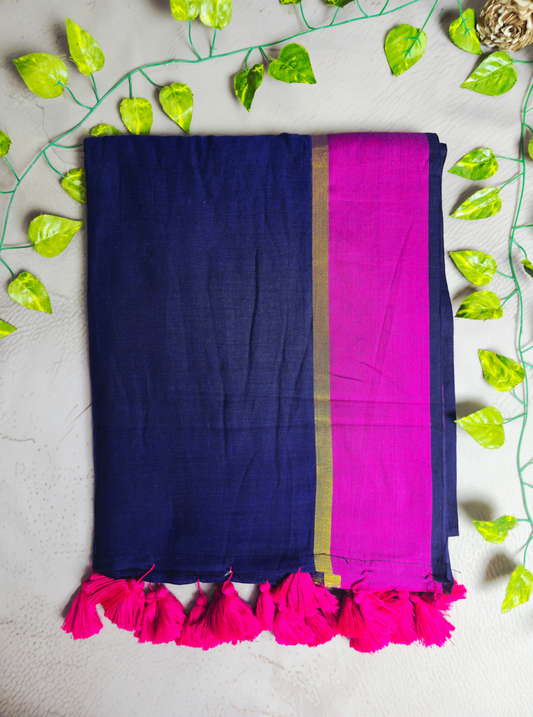 Classic Navy Blue Mul Cotton Saree with Contrast Pink Border & Tassel Pallu