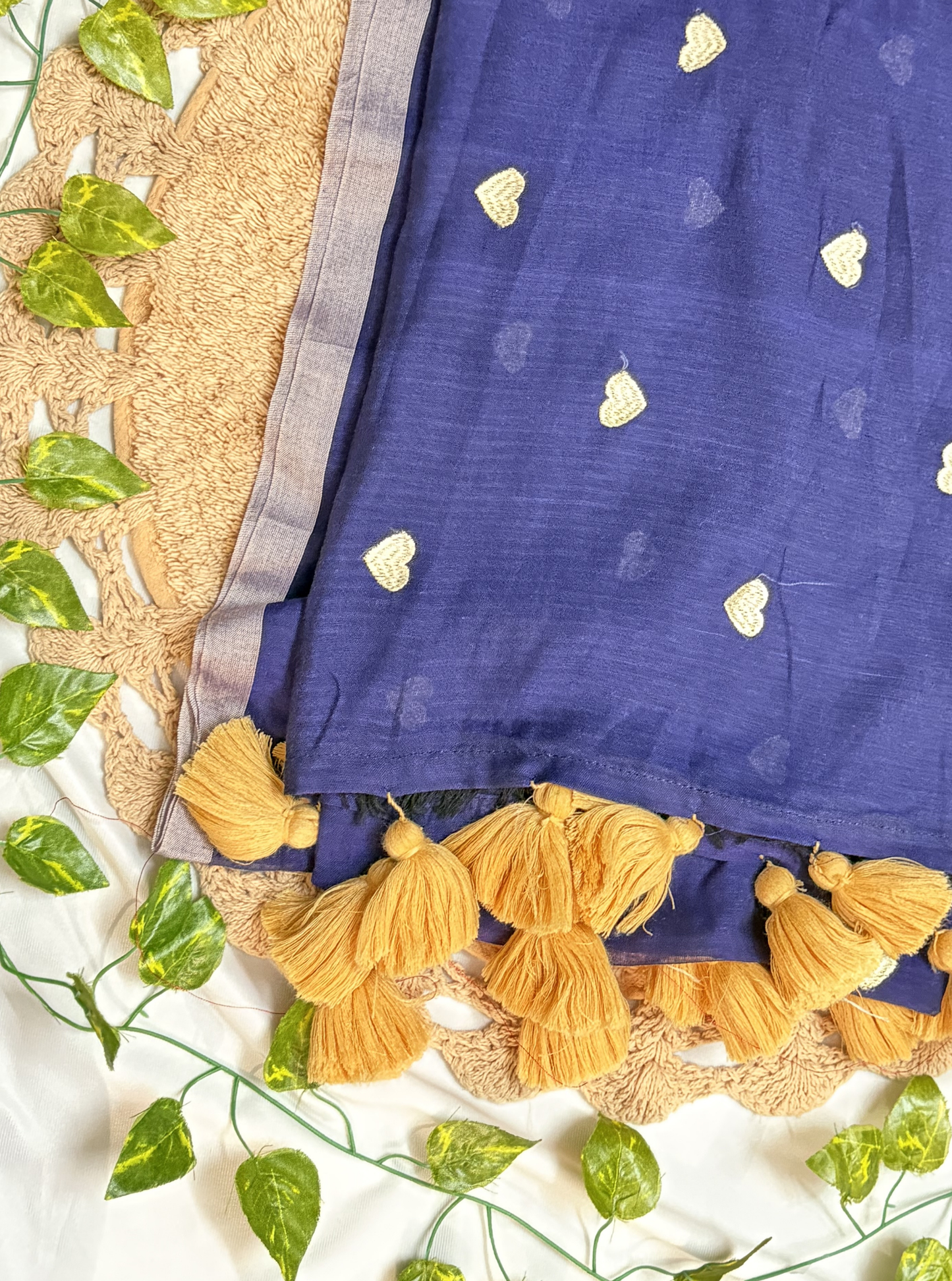 Indigo Blue Mul Cotton Saree with Gold Heart Motifs & Tassels