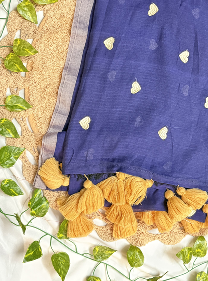 Indigo Blue Mul Cotton Saree with Gold Heart Motifs & Tassels