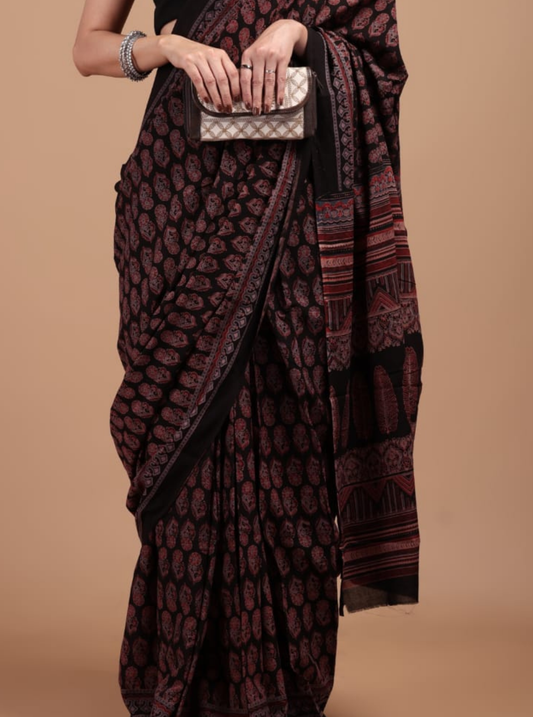 Black & Maroon Cotton Ajrakh Saree with Classic Paisley Motifs