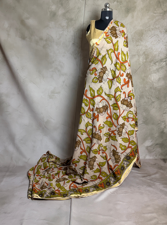 Ivory Kota Cotton Saree with Floral Vine Motifs & Olive Border