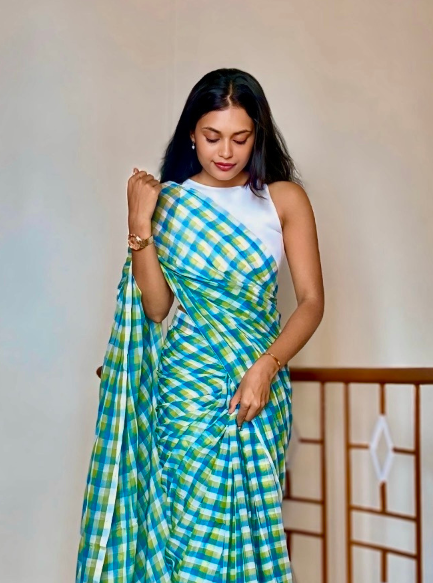 Sky Blue & Lime Green Checked Mul Cotton Saree with Tassels