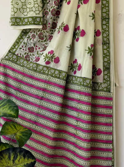 Ivory, Green & Pink Bagru Print Cotton Saree with Floral Stripes