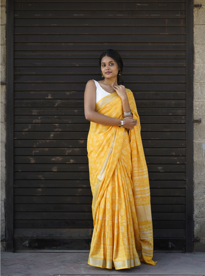 Sunshine Yellow Hand-Printed Linen Cotton Saree with Classic Borders