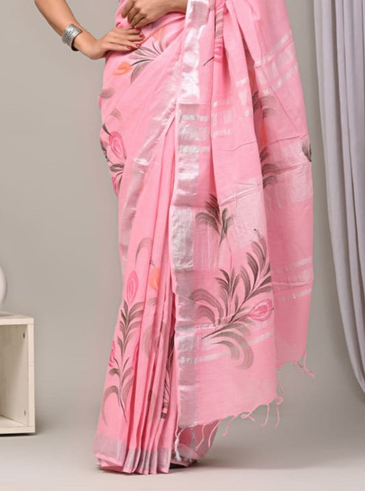 Blush Pink Linen Cotton Saree with Artistic Floral Motifs