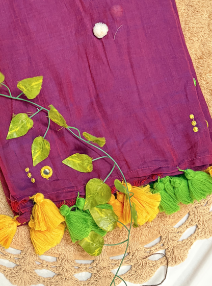 Royal Plum Mul Cotton Saree with Green & Yellow Tassels