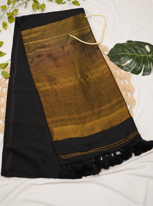 Classic Black Mul Cotton Saree with Rich Gold Pallu & Tassels